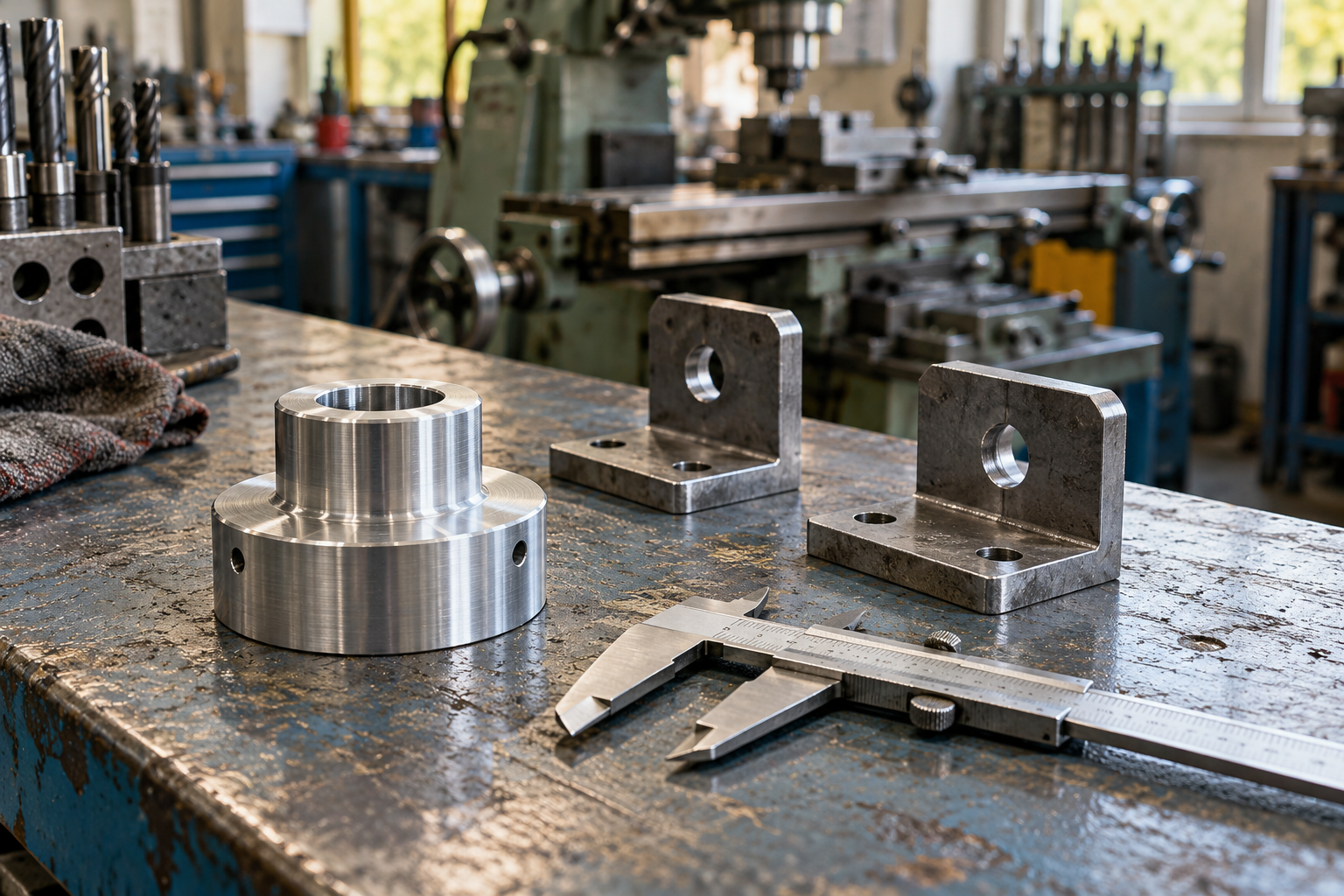 Illustrative machined metal parts and a caliper on a workshop bench